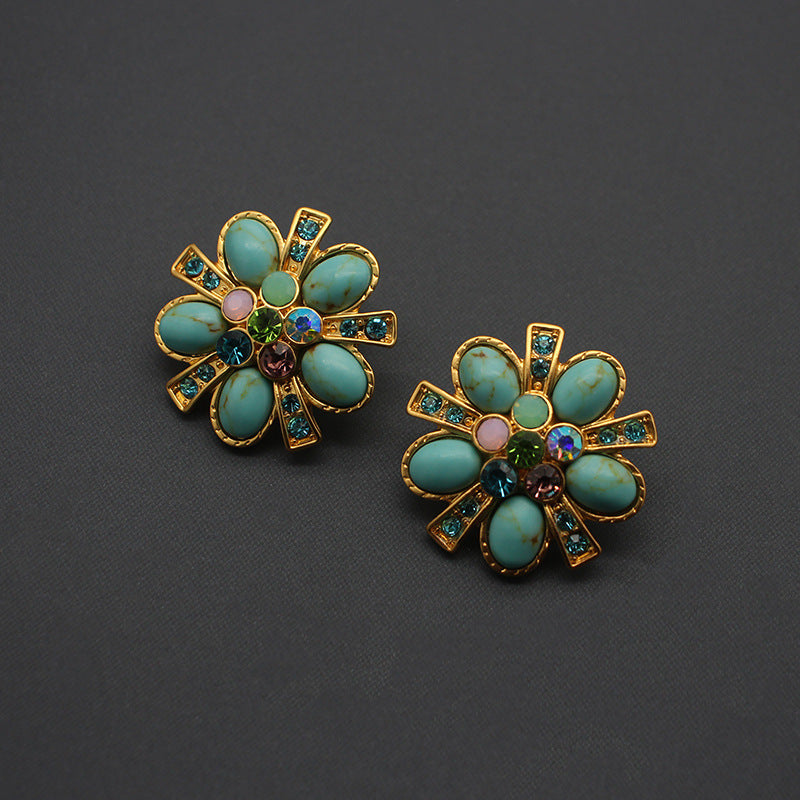 Boucles d'oreilles turquoise fleur aiguille en argent
