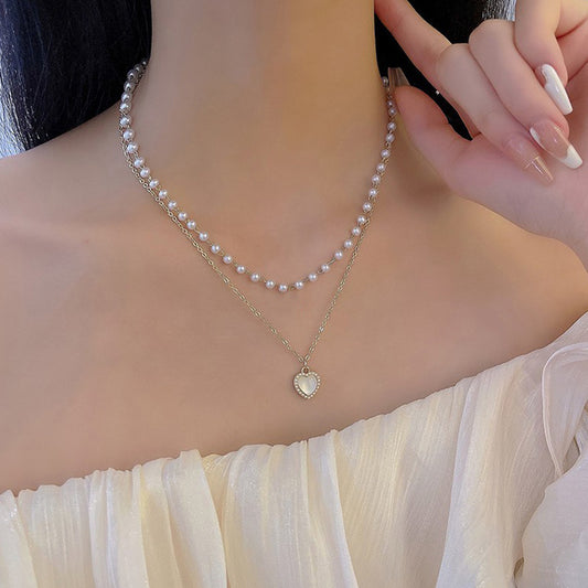 Women's Pearl Double-layer Opal Heart Necklace