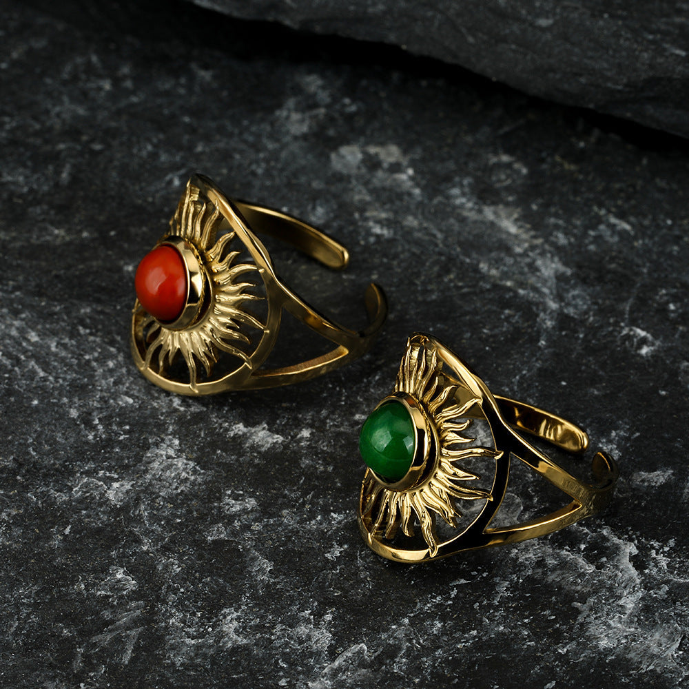 Anillo de acero de titanio con girasol hueco femenino ajustable de acero inoxidable