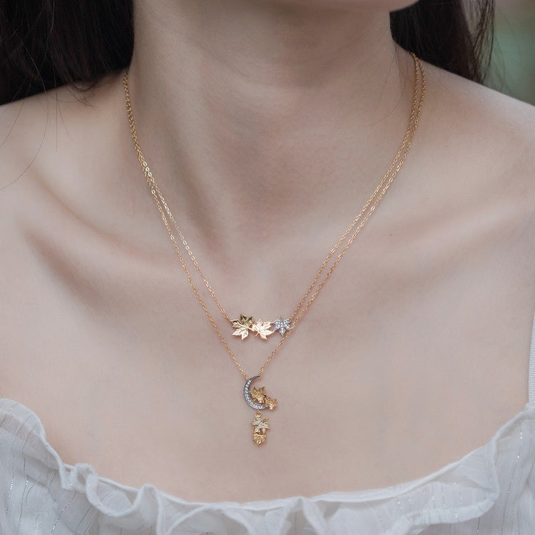 Autumn Winter Japanese And Korean Maple Leaf White Zirconium 925 Silver Necklace Women's