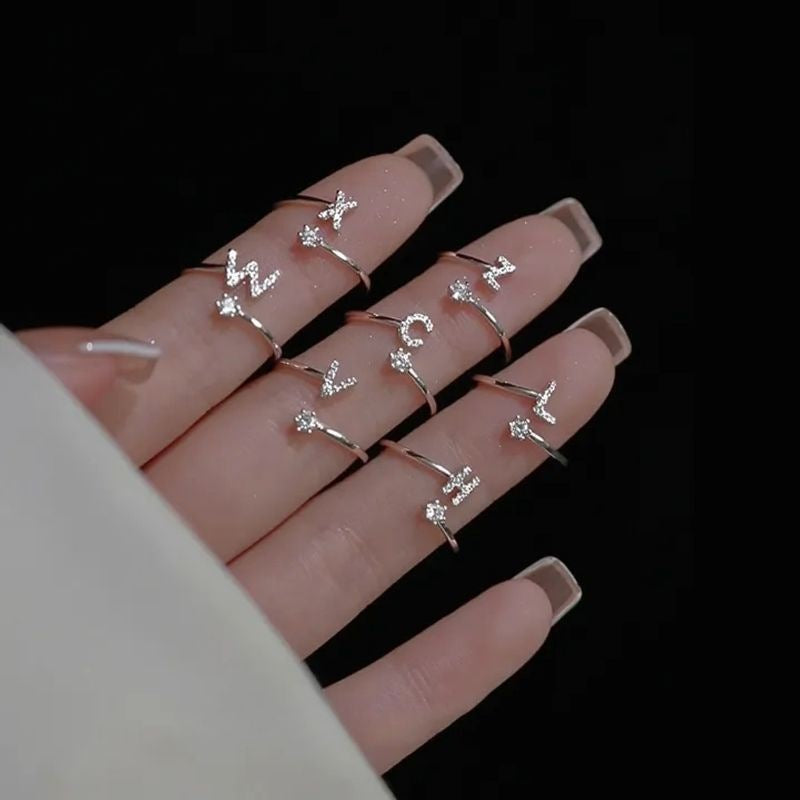 Female Stylish Adjustable Zircon 26 Letters Ring