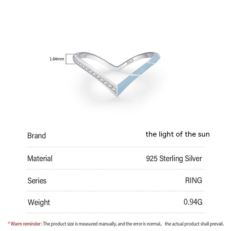 S925 Sterling Silver Fashion V-shaped Blue Enamel Diamond-studded Ring