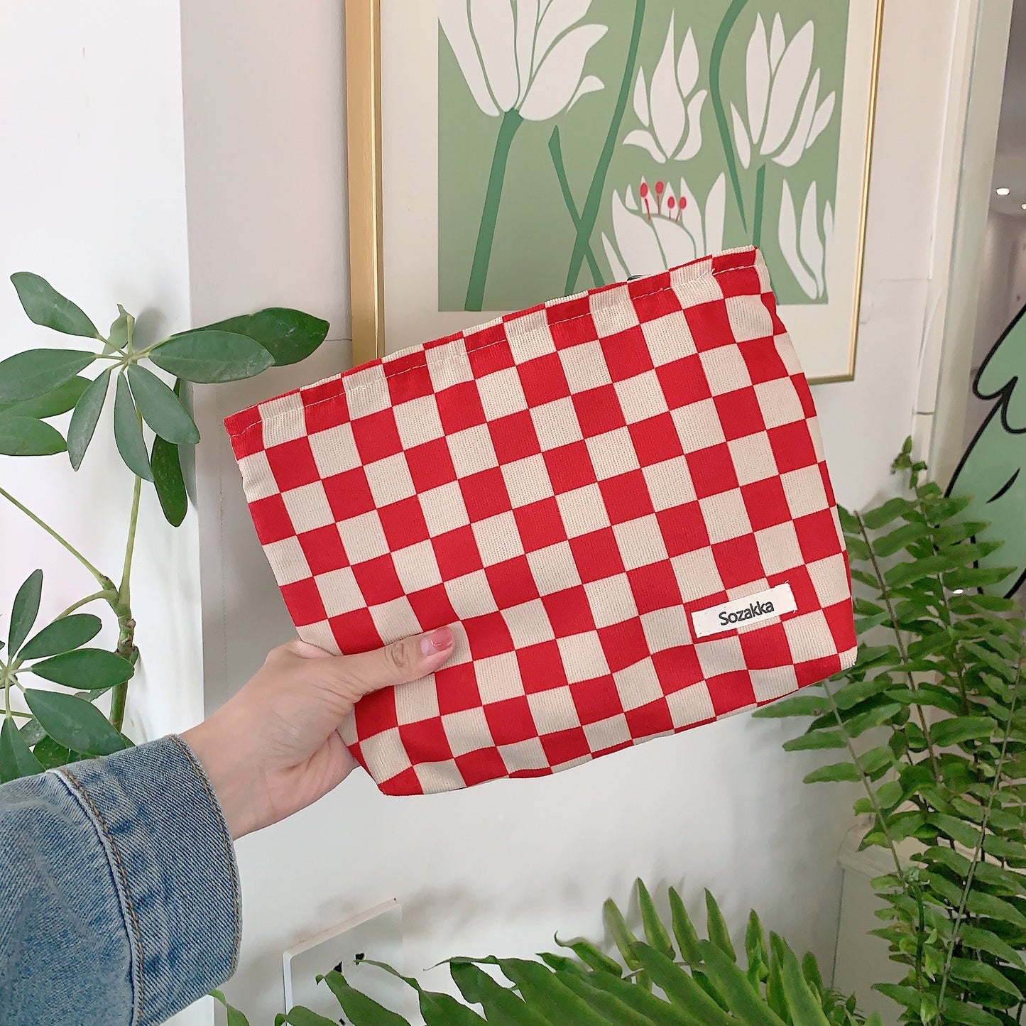 Portable Corduroy Chessboard Clutch Buggy Bag