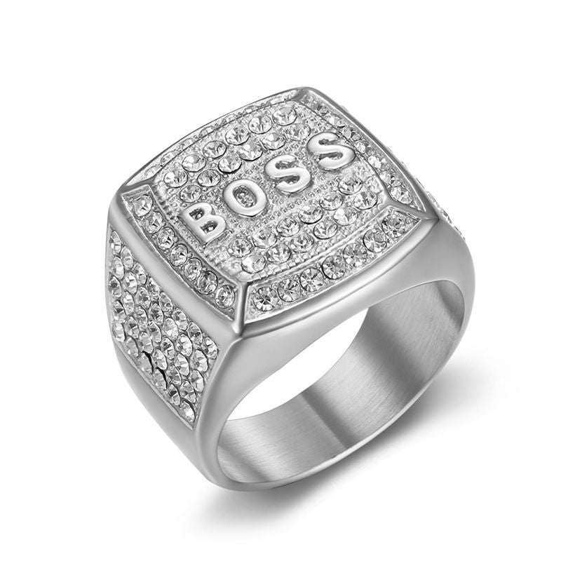 Titanium Steel Vacuum Plating Rhinestone Square BOSS Letter Men's Ring