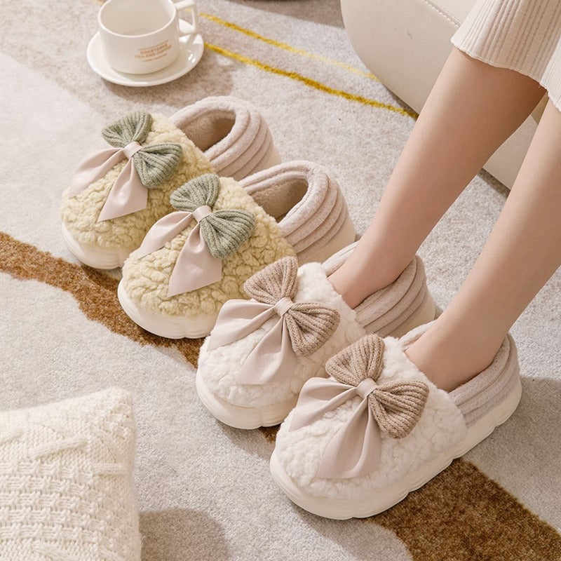 Zapatillas mullidas con Nudo De Lazo Grande Zapatos De Algodón con Tacón Cubierto Cálido De Invierno Zapatillas De Plataforma De Suela Gruesa De Moda Zapatos para Caminar En El Jardín Interior Y Exterior