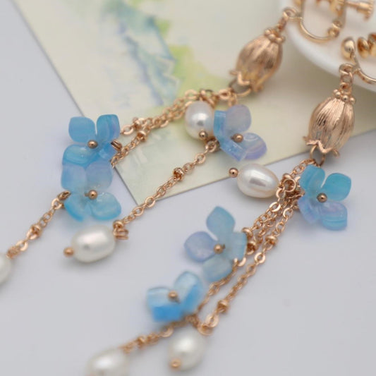 Gradient Color Hydrangea Pearl Tassel Earrings