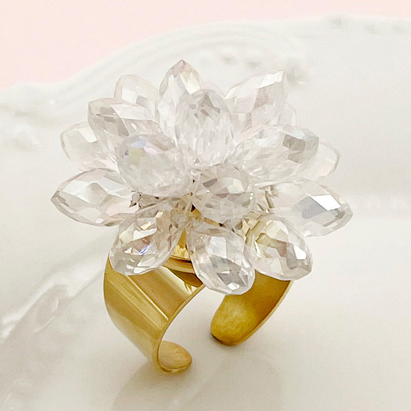 Anneau de fleur de Zircon en cristal blanc de corail en métal d'acier inoxydable