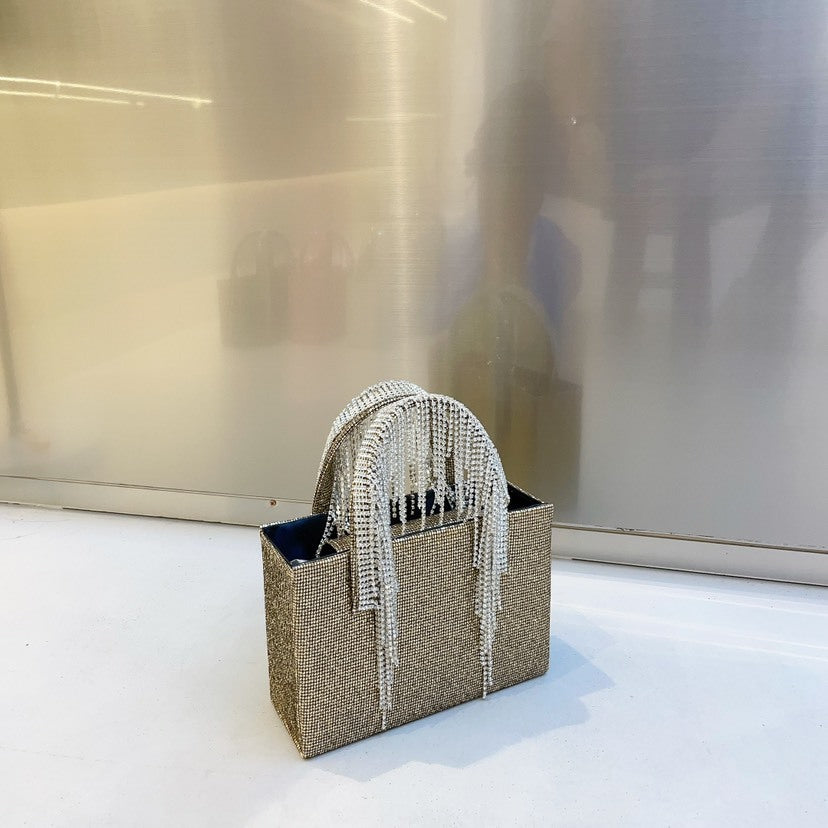 Bolso cuadrado pequeño con cadena de borlas de diamantes de imitación rojos de National Network, portátil de moda