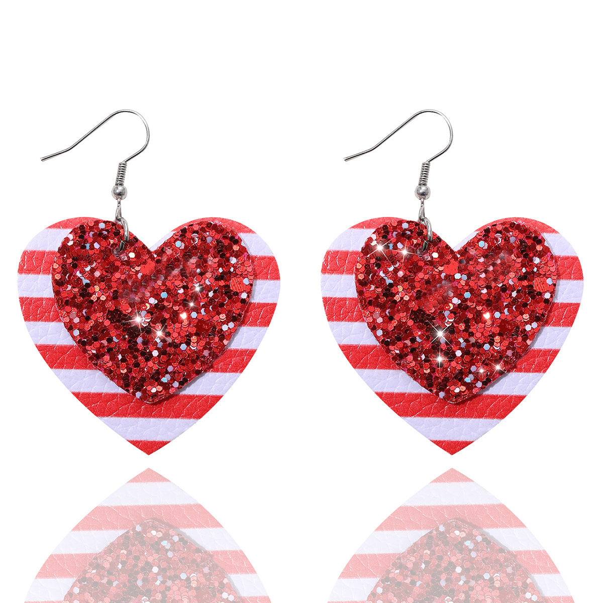 Boucles D'oreilles En Cuir À Paillettes Rayées Rouges Et Blanches En Forme De Coeur Pour La Saint-Valentin