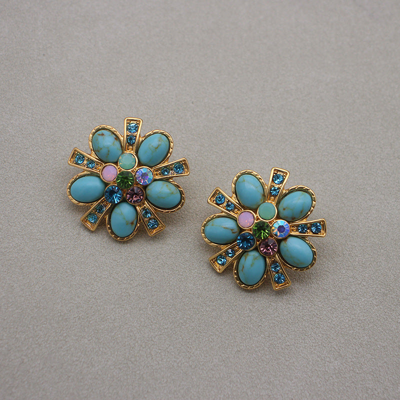 Boucles d'oreilles turquoise fleur aiguille en argent