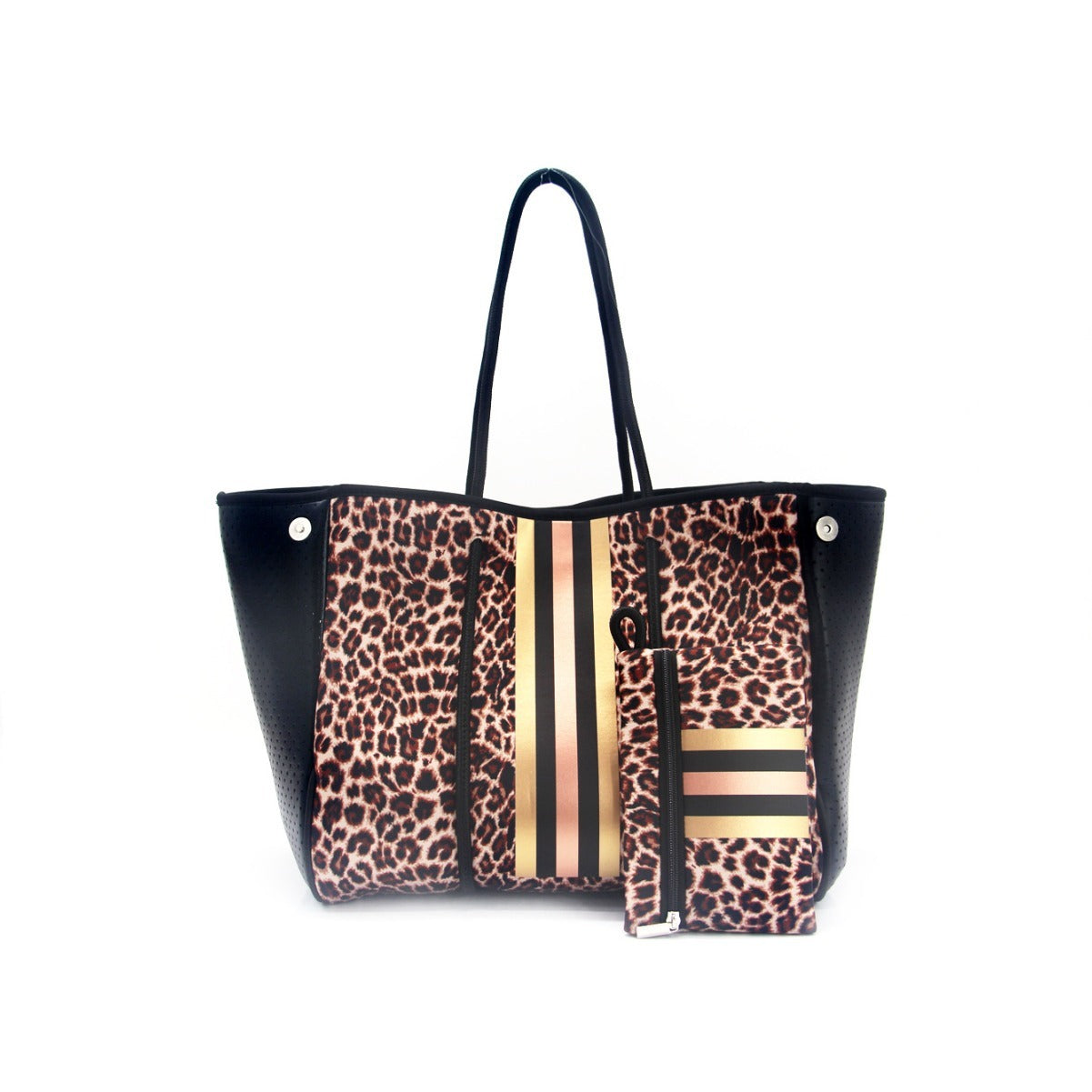 Bolso de playa portátil negro impreso con estampado de leopardo, viaje de ocio