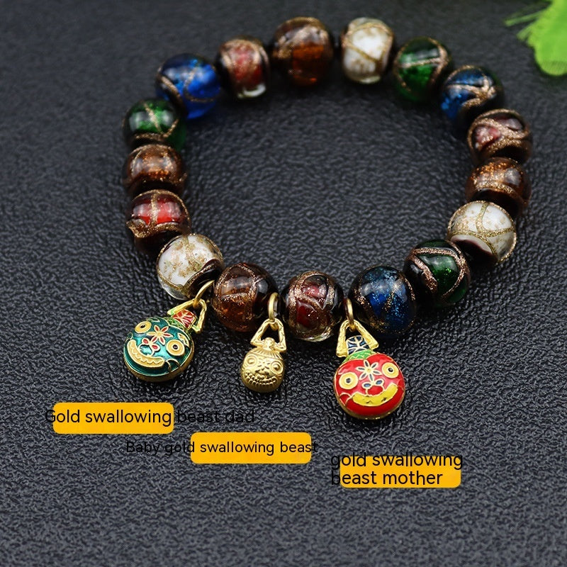 Bracelet glaçure de couleur gris parfumé, multi-trésor coloré, bête à avaler, perle de verre en soie dorée