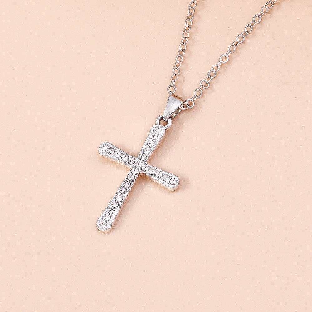 Fashion Simple Women's Diamond Spot Drill Hollow Cross Sweater Chain Necklace