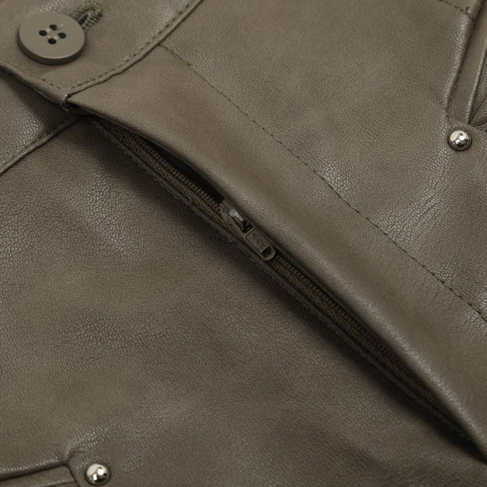 Men's PU Leather Loose Straight Split Stitching Wide-leg Casual Pants