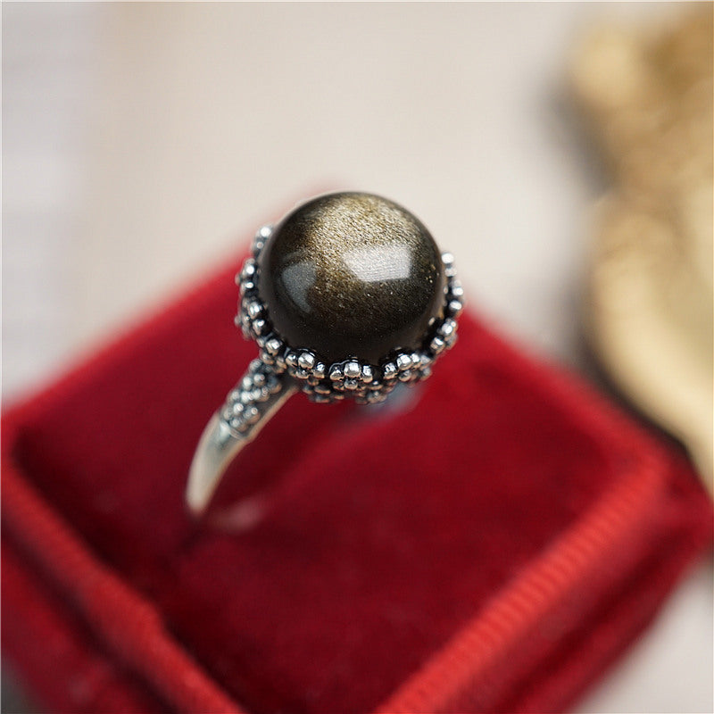 Bague en obsidienne naturelle vintage en argent thaïlandais