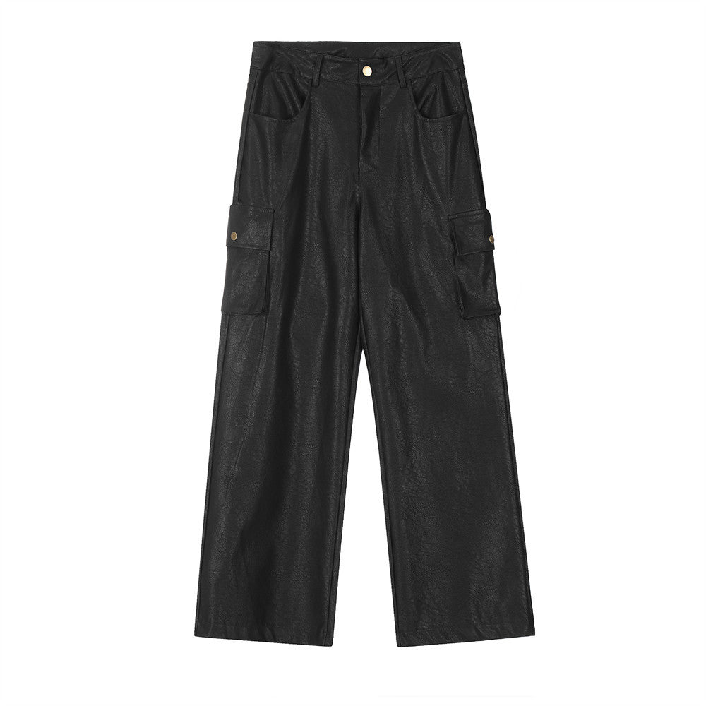 Loose Wide Leg Multi-pocket Workwear Leather Pants