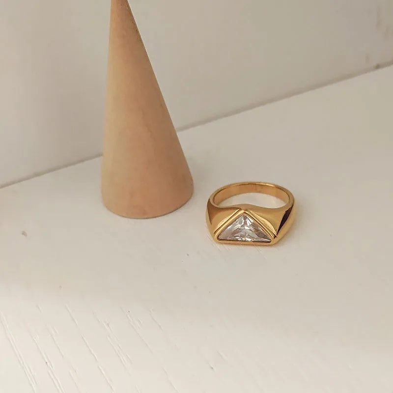 Triangle Zircon Ring Titanium Steel Plated 18K Gold