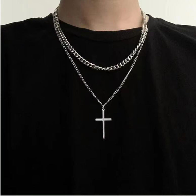 Collier croisé double couche en acier titane pour hommes cubains