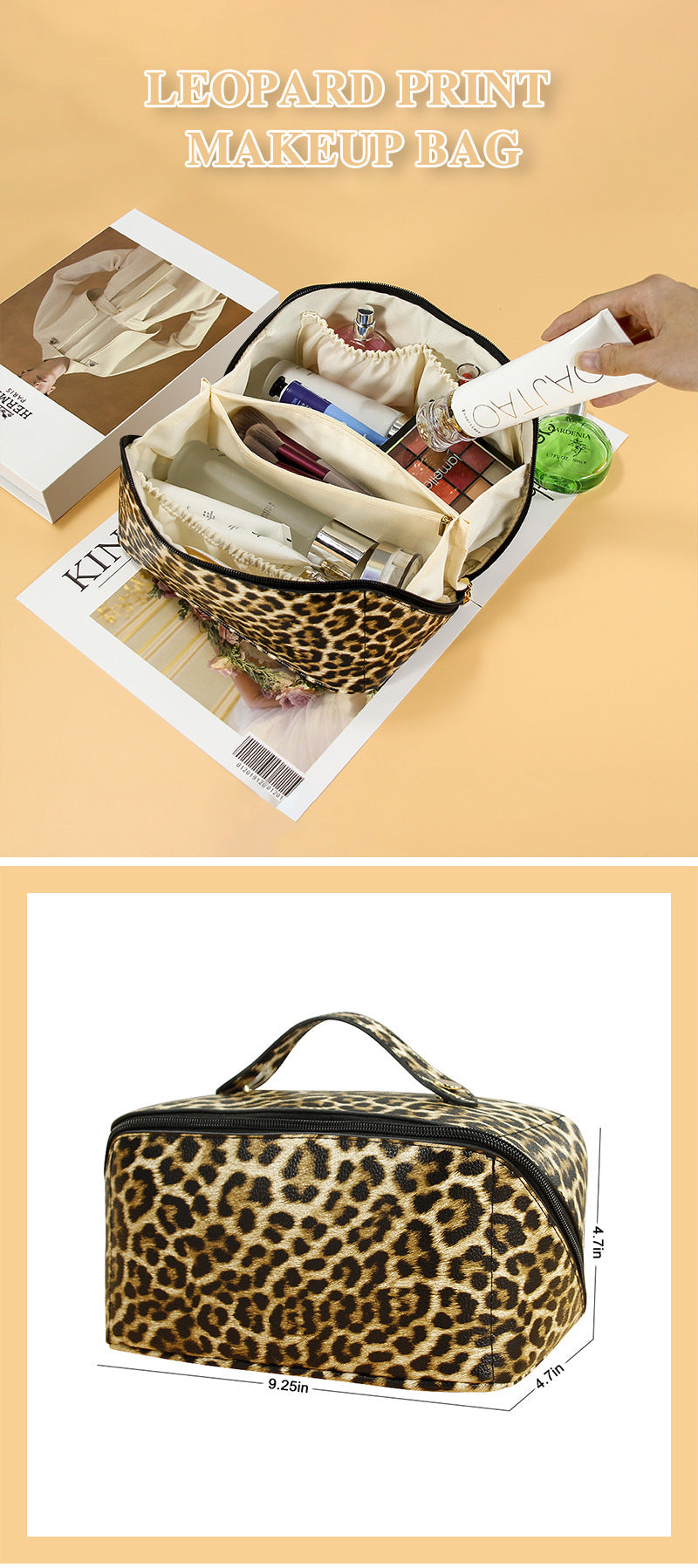Women's Leopard PU Leather Wash Makeup Storage Bag Large Capacity Multifunctional
