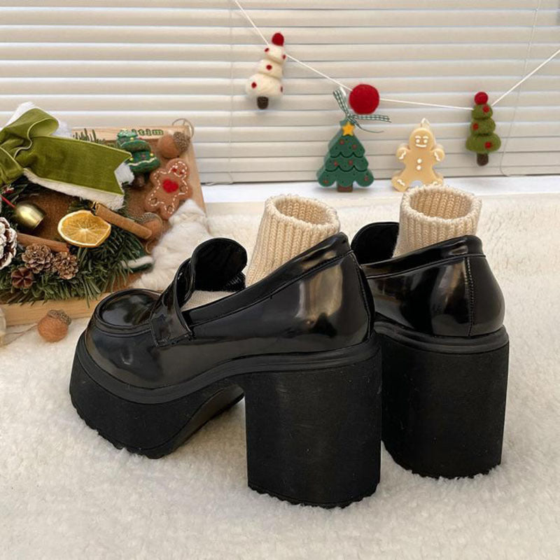 Mary Jane Tacón corto Tacones altos Mocasines de plataforma británica con aumento de altura pequeños Zapatos de cuero para mujer