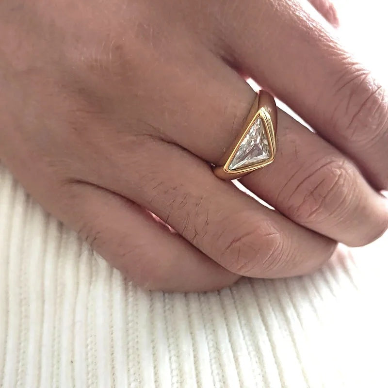 Triangle Zircon Ring Titanium Steel Plated 18K Gold
