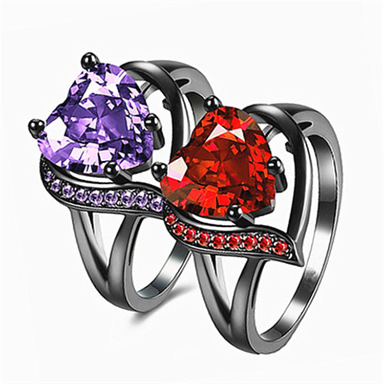 Anillo en forma de corazón con circonita grande, color chapado en oro negro, en forma de corazón