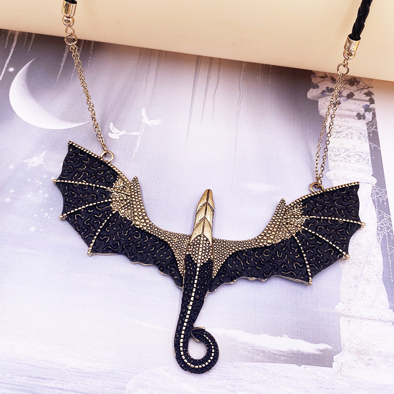 Pendentif en alliage d'or ancien ptérosaure Rock, collier de chauve-souris en corde de cuir d'halloween