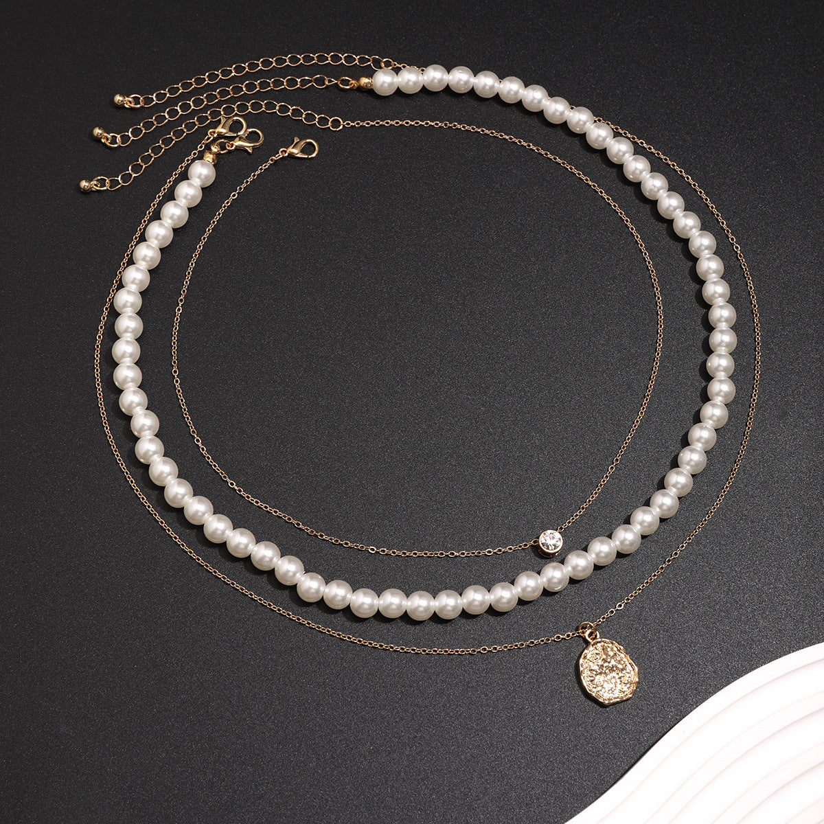 Men's Stereo Rhinestone Pearl Necklace Three-piece Set Light Luxury All-match Niche Design Accessories