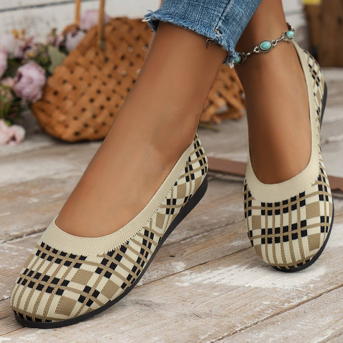 Chaussures plates imprimées à carreaux pour femmes, nouvelle mode, décontractées, respirantes, à enfiler, bout rond, en maille