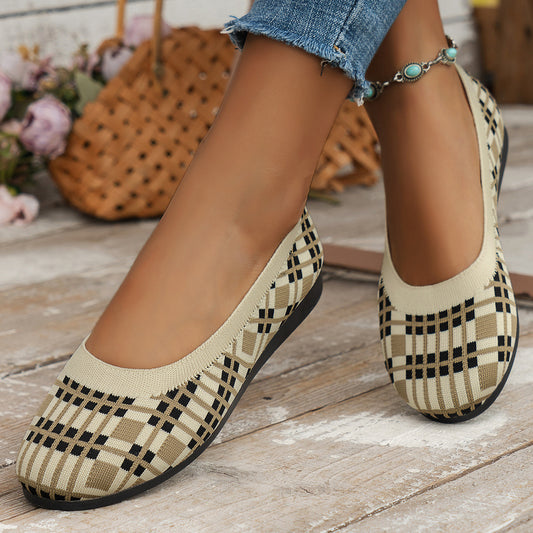 Chaussures plates imprimées à carreaux pour femmes, nouvelle mode, décontractées, respirantes, à enfiler, bout rond, en maille