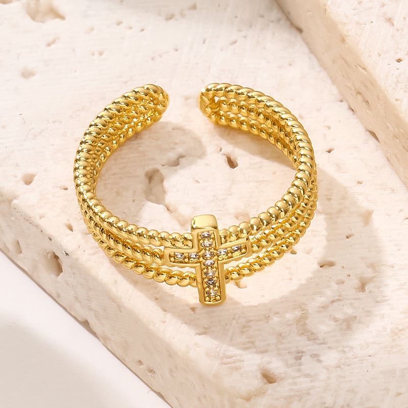 Bague géométrique croisée en Zircon creux à trois couches pour femmes, placage de cuivre en or 18 carats