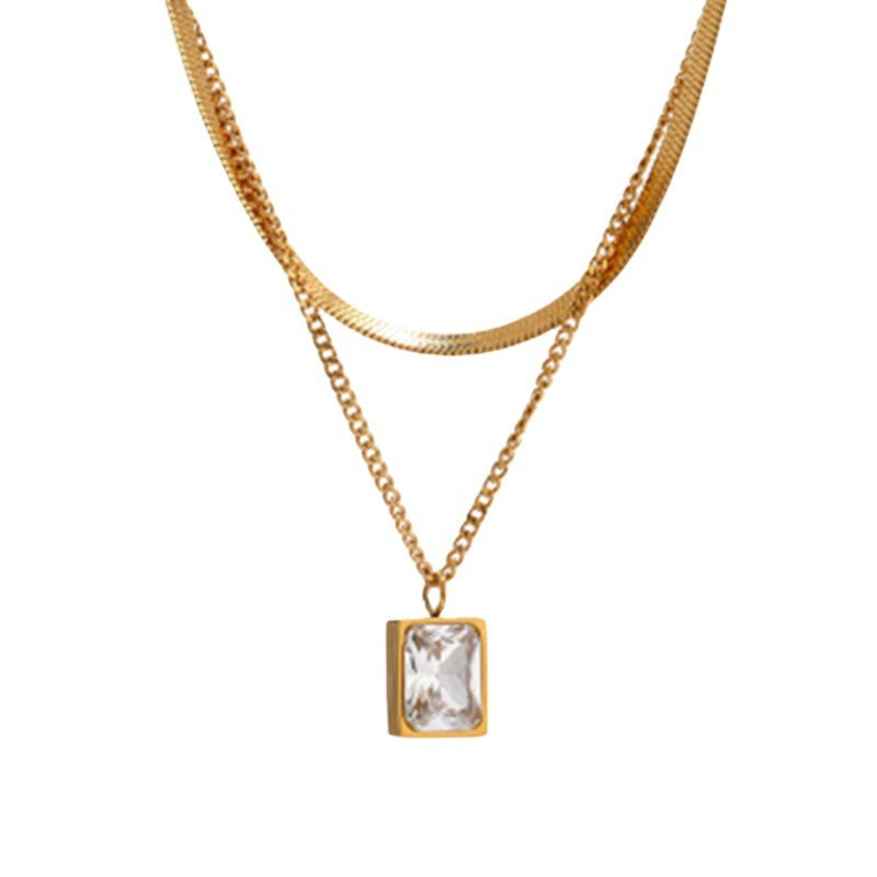 Collier double couche en acier inoxydable et zircon carré en or 18 carats