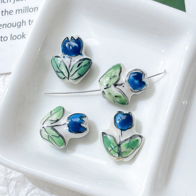 Porcelaine peinte à la main imprimé tulipe perles en céramique perforées bijoux à bricoler soi-même accessoires matériaux