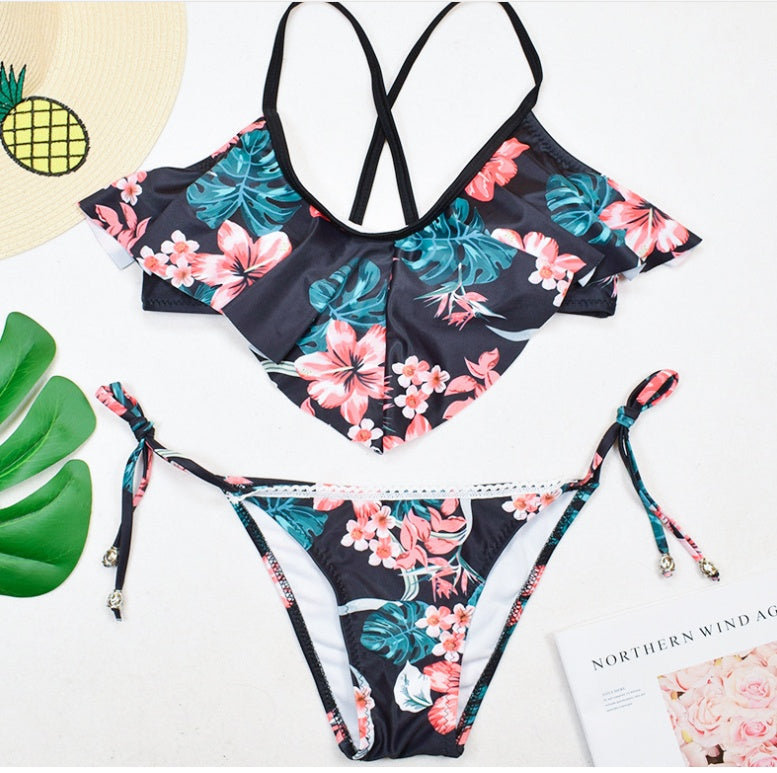 Maillot de bain bikini fendu imprimé feuilles bohème 