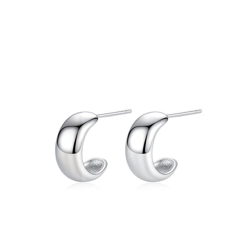 S925 Sterling Silver Glossy C- Shaped Stud Earrings For Women Japanese And Korean Simple Earrings