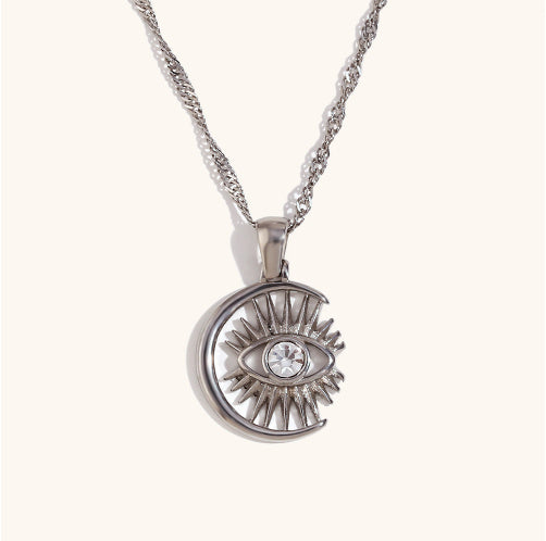 Collar de aleación de 18k con colgante de ojo de diamantes de imitación y pestañas de luna