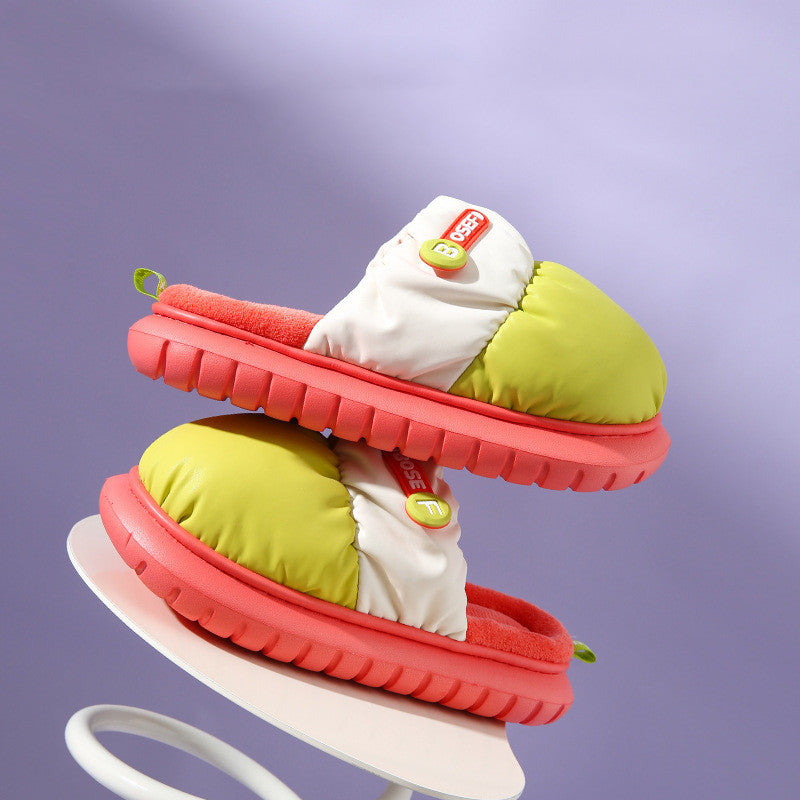 Pantoufles en coton de couleurs mélangées, chaussures d'hiver chaudes d'intérieur antidérapantes pour Couple, chaussures de maison à semelles épaisses pour femmes, pantoufles de maison floues à la mode