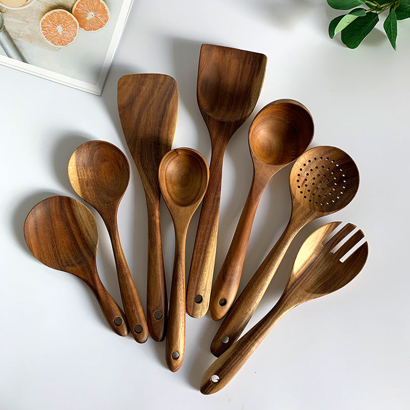 Vaisselle en bois naturel de teck de thaïlande, cuillère louche tourneuse longue passoire à riz écumoire cuillères de cuisine cuillère ensemble d'outils de cuisine