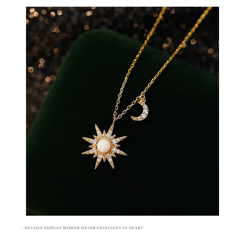 S925 Sterling Silver Eight Awn Star Moon Tooth Opal Stone Necklace