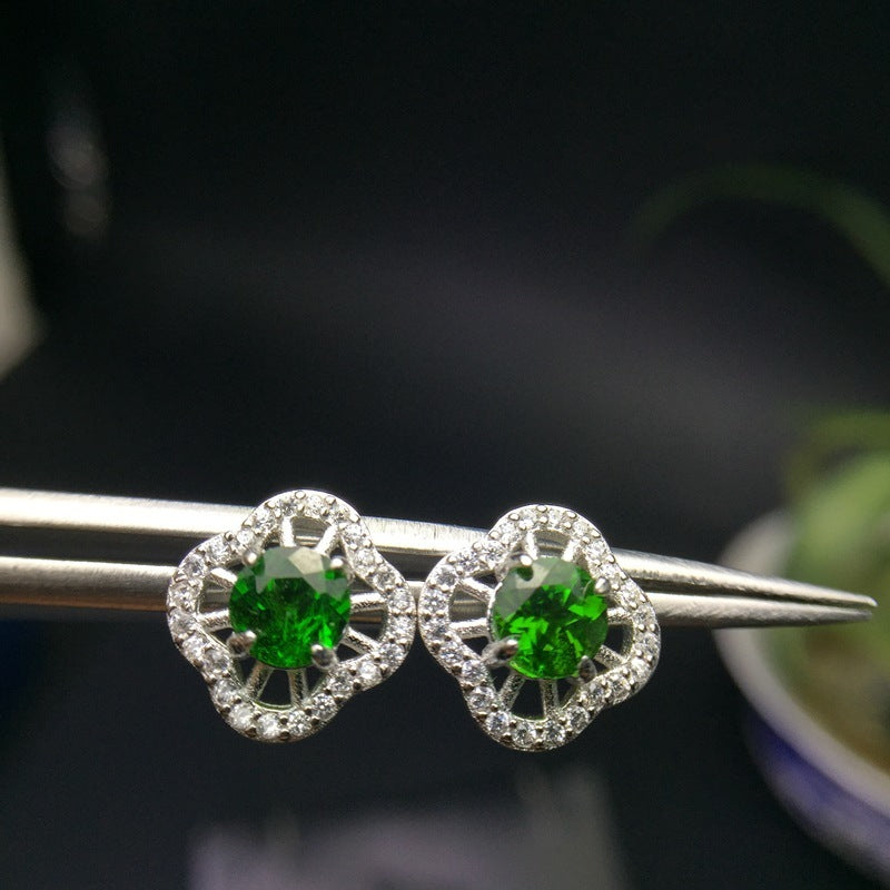 Boucles d'oreilles à tige en argent 925 avec émeraude diopside incrustée