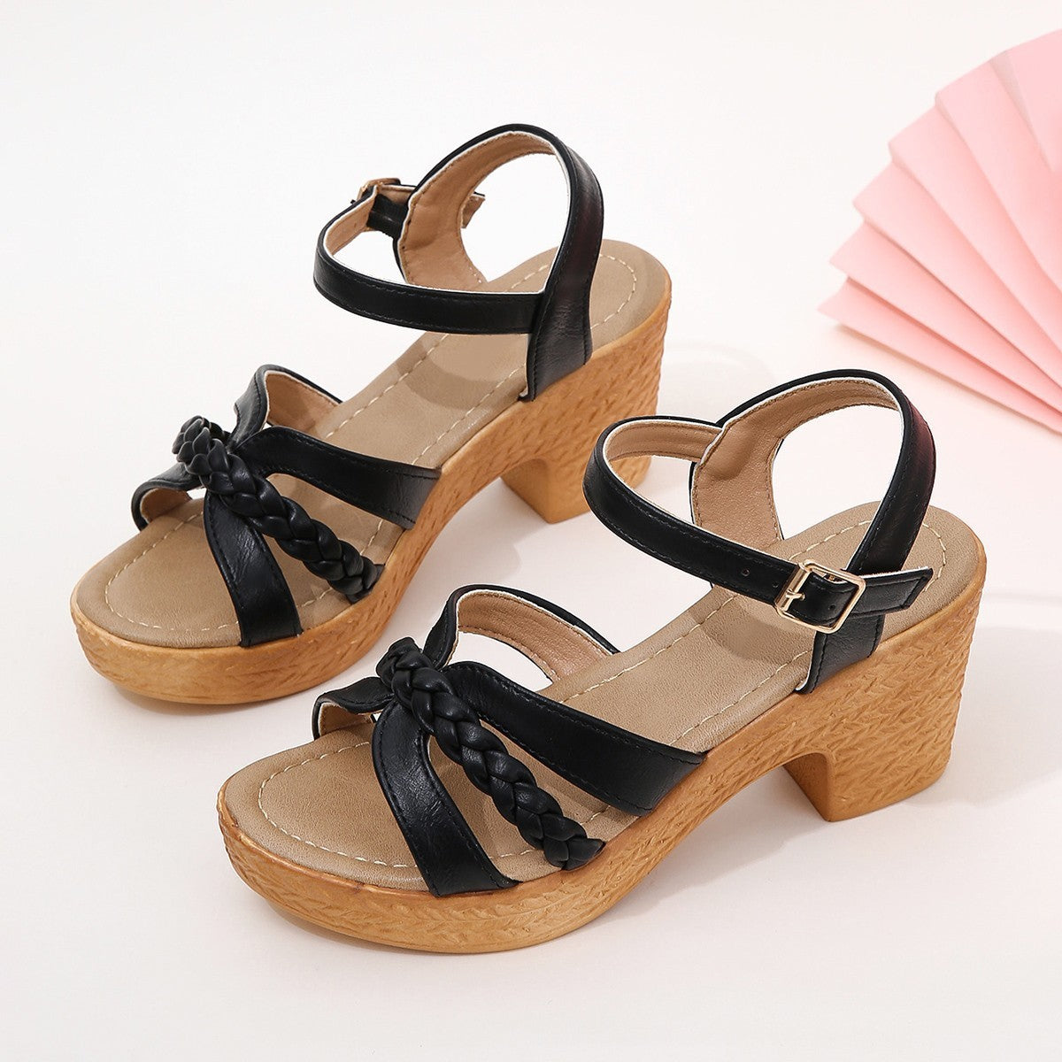 Sandales à boucle et bride à la cheville, talon épais, tête ronde, commerce extérieur
