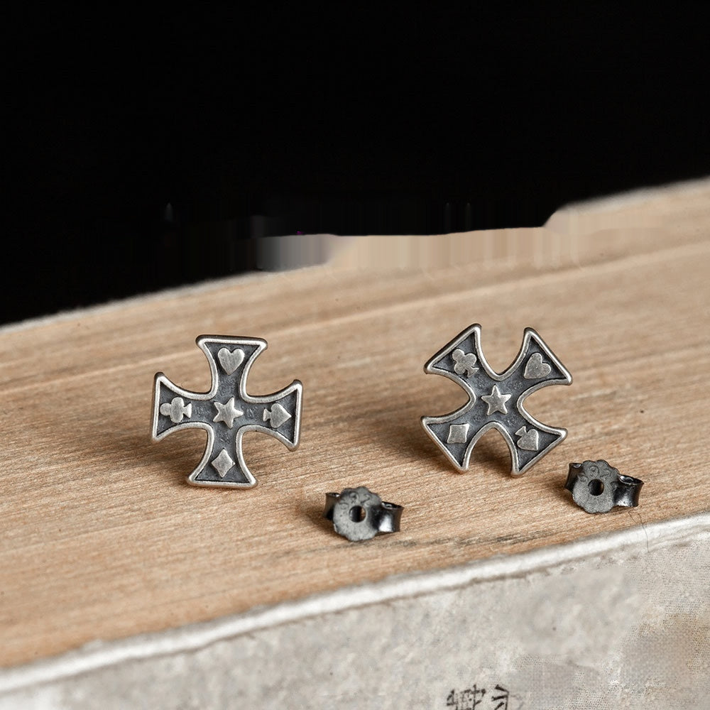 Boucles d'oreilles à tige en forme de croix de poker rétro pur S925