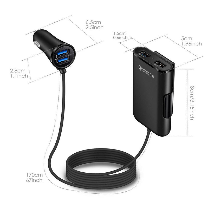 Compatible With  Back Seat Car Charger QC3.0 2.4A3.1A 4 USB Car Charger With Cable A Clip