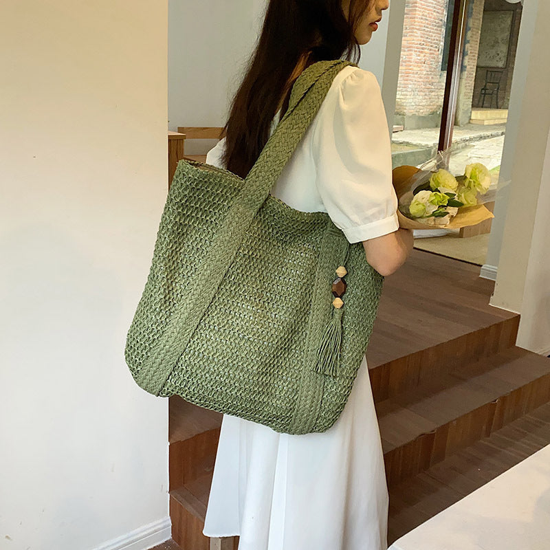 Fashion Shoulder Paper String Straw Mahogany Pendant Casual Beach Women's Bag