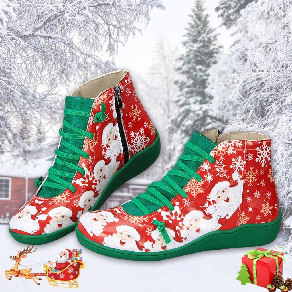 Bottines de noël pour femmes, chaussures plates décontractées avec imprimé de flocon de neige, fermeture éclair latérale, bottes courtes