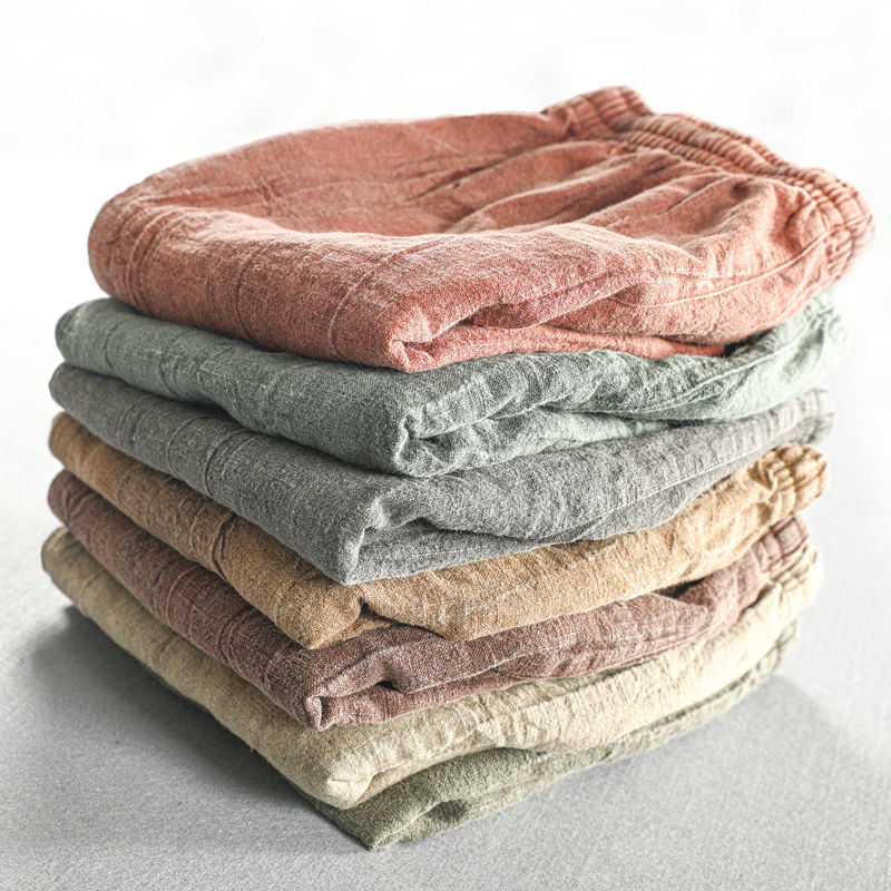 Men's Casual Cropped Pants Cotton Linen Dirty Dyed Contrast Color Loose Plus Size Shorts