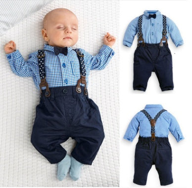 Costume de gentleman pour garçons européens et américains, costume à bretelles chemise à carreaux pour enfants