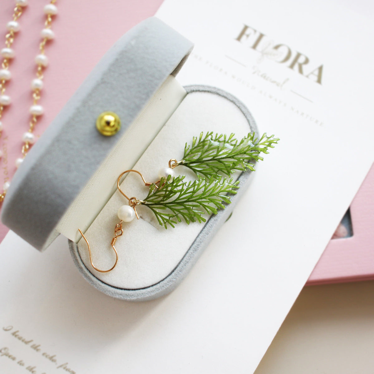 French Court Pearl Fern Leaves Hanging Earrings