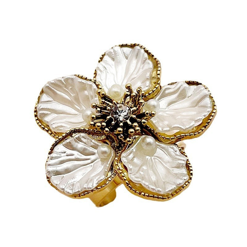 Anneau de fleur de Zircon en cristal blanc de corail en métal d'acier inoxydable