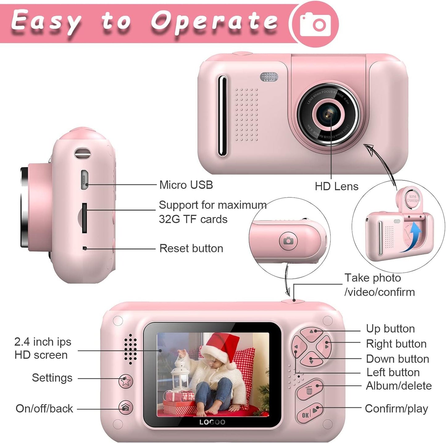 Cámara para niños, cámara selfie digital para niños de 3 a 12 años con resolución fotográfica de 20 MP, cámara de vídeo HD 1080P con tarjeta SD de 32 GB y palo selfie